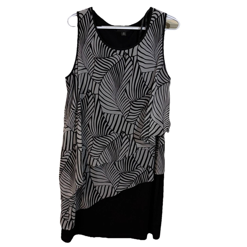 Vintage AB Studio Leaf Print Popover Shift Dress Womens 16 Black Sleeveless‎